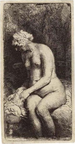 A Woman Bathing Her Feet At A Brook Oil Painting by Rembrandt Van Rijn