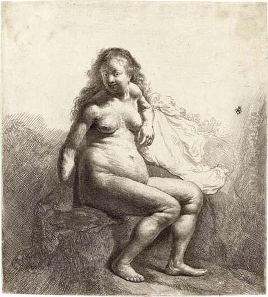 A Naked Woman Seated On A Mound Oil Painting by Rembrandt Van Rijn