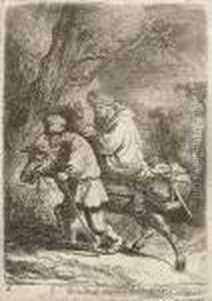 The Flight Into Egypt: Small Plate Oil Painting by Rembrandt Van Rijn