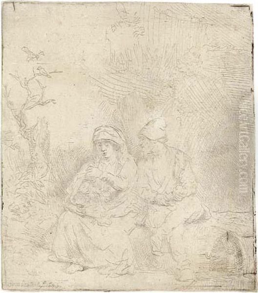 The Rest On The Flight Into Egypt: Lightly Etched Oil Painting by Rembrandt Van Rijn