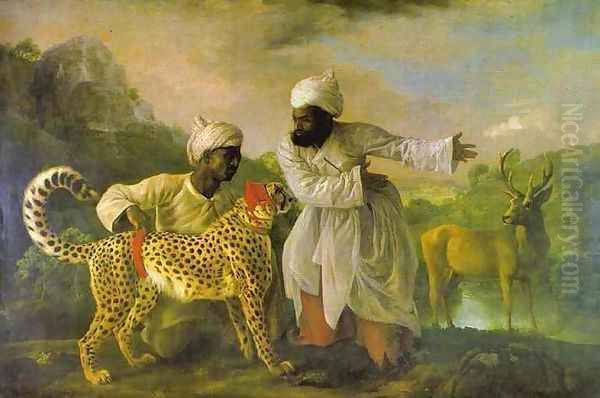 Cheetah with Two Indian Attendants and a Stag Oil Painting by George Stubbs