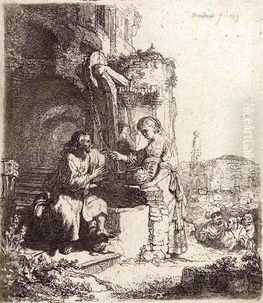 Christ And The Woman Of Samaria Among Ruins Oil Painting by Rembrandt Van Rijn