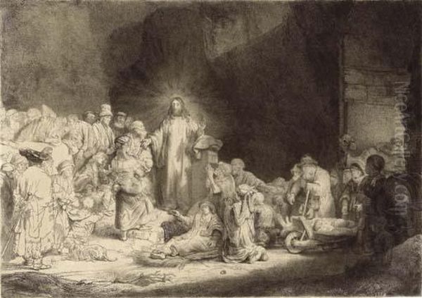 Christ Healing The Sick: 'the Hundred Guilder Print' Oil Painting by Rembrandt Van Rijn