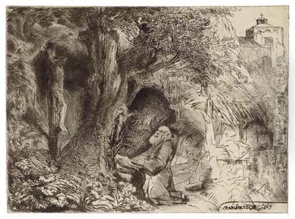 Saint Francis Beneath A Tree Praying Oil Painting by Rembrandt Van Rijn