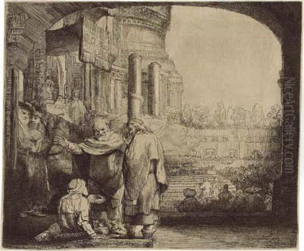 Saint Peter And Saint John Healing The Cripple At The Gate Of The Temple Oil Painting by Rembrandt Van Rijn