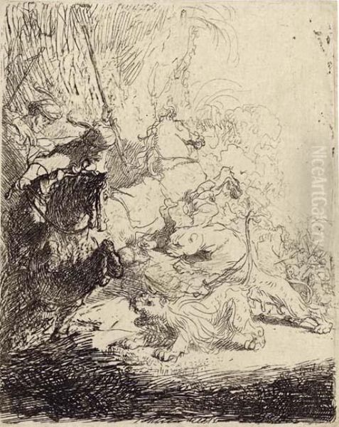 The Small Lion Hunt (with Two Lions) Oil Painting by Rembrandt Van Rijn