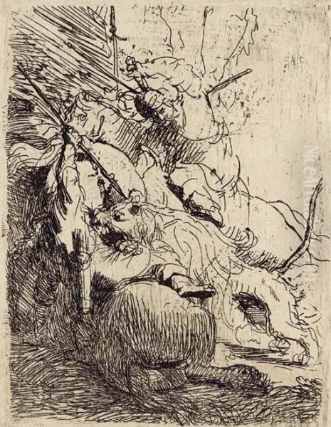 The Small Lion Hunt (with One Lion) by Rembrandt Van Rijn