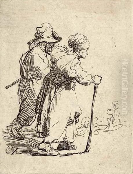 Two Tramps; A Man And A Woman Oil Painting by Rembrandt Van Rijn