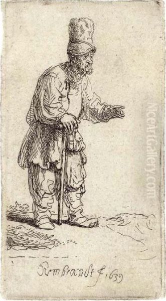 A Peasant In A High Cap, Standing Leaning On A Stick Oil Painting by Rembrandt Van Rijn