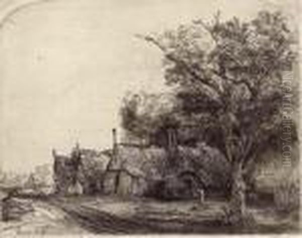 Landscape With Three Gabled Cottages Beside A Road Oil Painting by Rembrandt Van Rijn