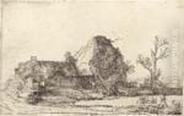 Cottages And Farm Buildings With A Man Sketching Oil Painting by Rembrandt Van Rijn