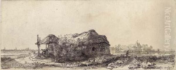 Landscape With A Cottage And Haybarn: Oblong Oil Painting by Rembrandt Van Rijn