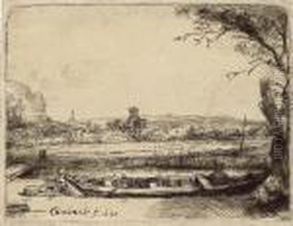 Canal With A Large Boat And Bridge Oil Painting by Rembrandt Van Rijn