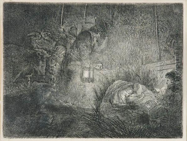 The Adoration Of The Shepherds: A Night Piece (bartsch, Hollstein46; Hind 255) Oil Painting by Rembrandt Van Rijn