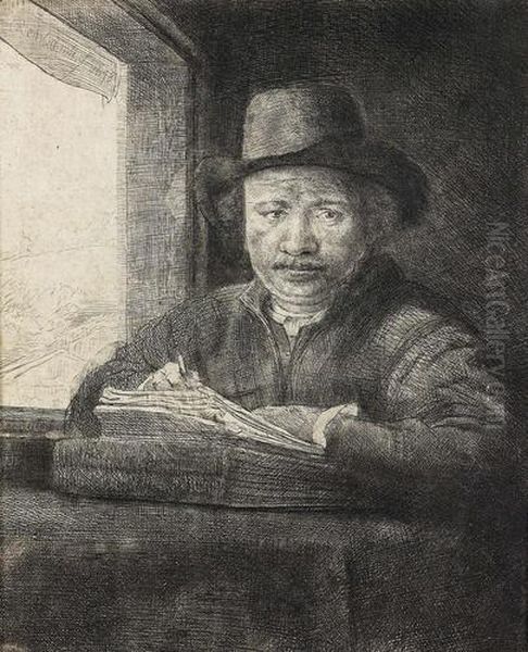 Selbstbildnis, Am Fenster Zeichnend. Oil Painting by Rembrandt Van Rijn