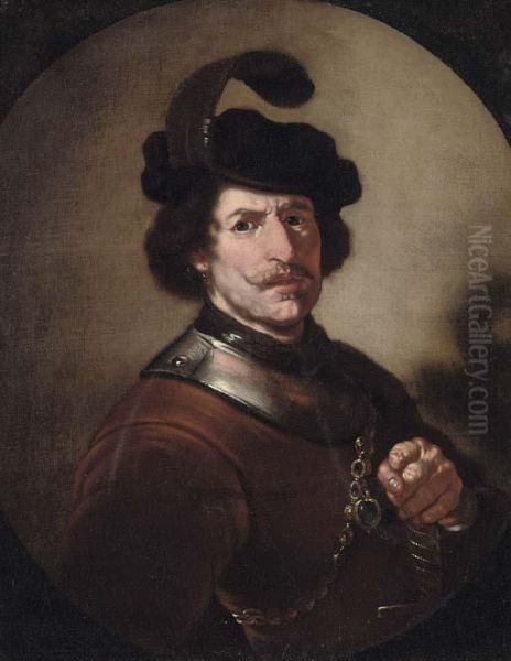 Portrait Of A Gentleman, Half-length, In Armour And A Plumed Hat Oil Painting by Rembrandt Van Rijn