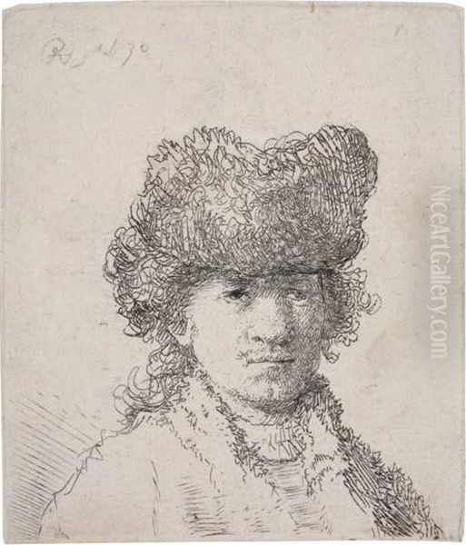 Self Portrait In A Fur Cap: Bust Oil Painting by Rembrandt Van Rijn