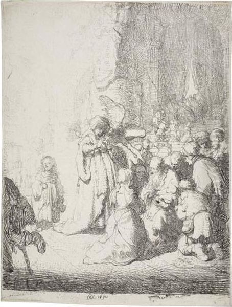 The Presentation In The Temple With An Angel: Smallplate Oil Painting by Rembrandt Van Rijn