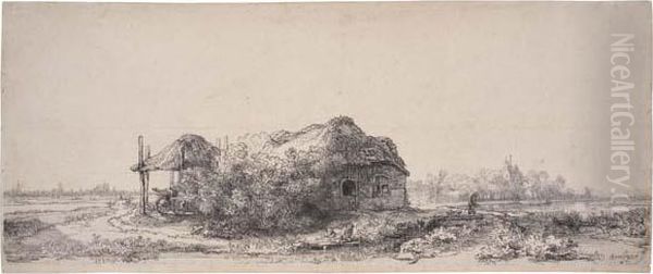 Landscape With A Cottage And Haybarn: Oblong Oil Painting by Rembrandt Van Rijn