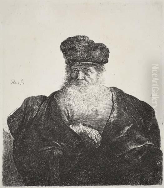 Old Man With Beard, Fur Cap And Velvet Cloak Oil Painting by Rembrandt Van Rijn