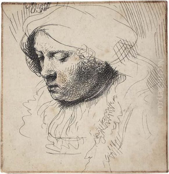 Head Of A Woman, Looking Down Oil Painting by Rembrandt Van Rijn