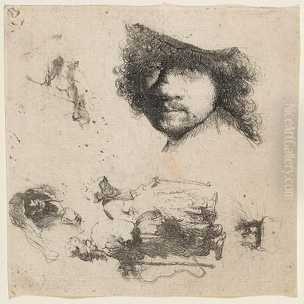 Sheet Of Studies, Head Of The 
Artist, A Beggar Couple, Heads Of An Old Man And An Old Woman (b., 
Holl. 363; H. 90), 1632 Oil Painting by Rembrandt Van Rijn