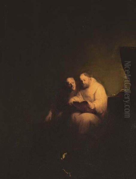 Monks Reading In A Chapel Interior Oil Painting by Rembrandt Van Rijn