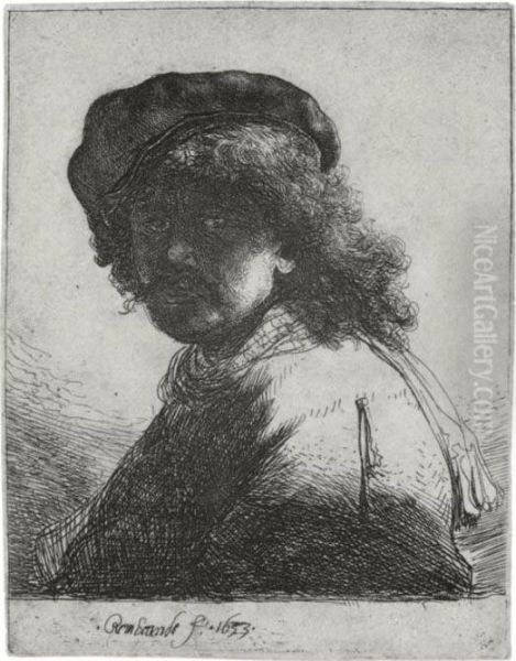 Self-portrait In A Cap And Scarf With The Face Dark (b., Holl. 17; H. 108; Bb. 33-g) Oil Painting by Rembrandt Van Rijn