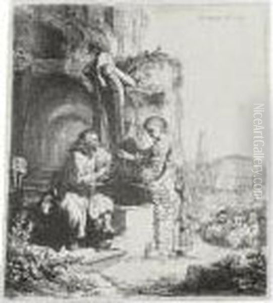 Christ And The Woman Of Samaria Among Ruins (b., Holl. 71; H. 122; Bb. 34-l) Oil Painting by Rembrandt Van Rijn