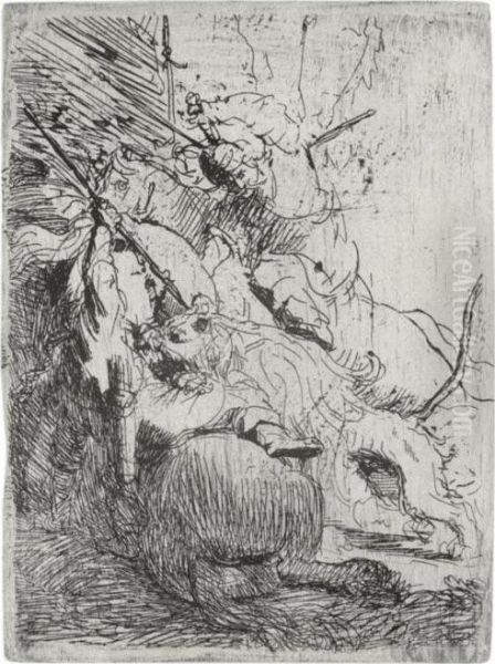 The Small Lion Hunt: With One Lion (b., Holl. 116; H. 6; Bb. 29-3) Oil Painting by Rembrandt Van Rijn