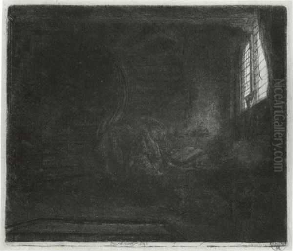 St. Jerome In A Dark Chamber (b., Holl. 105; H. 201; Bb. 42-e) Oil Painting by Rembrandt Van Rijn