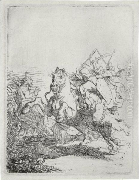 The Cavalry Fight (b., Holl. 117; H. 100; Bb. 32-7) Oil Painting by Rembrandt Van Rijn