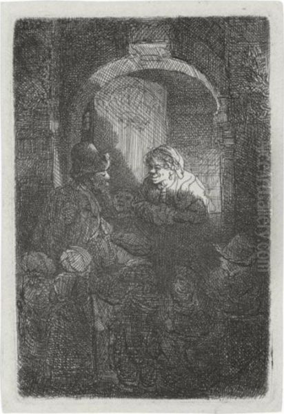 Woman At Door Hatch Talking To A
 Man And Children: The Schoolmaster (b., Holl. 128; H. 192; Bb. 41-n) Oil Painting by Rembrandt Van Rijn