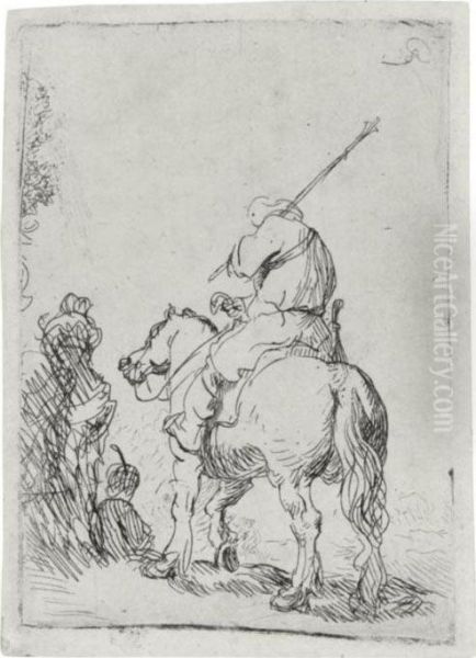 A Turbaned Soldier On Horseback (b., Holl. 139; H. 99; Bb. 32-6) Oil Painting by Rembrandt Van Rijn