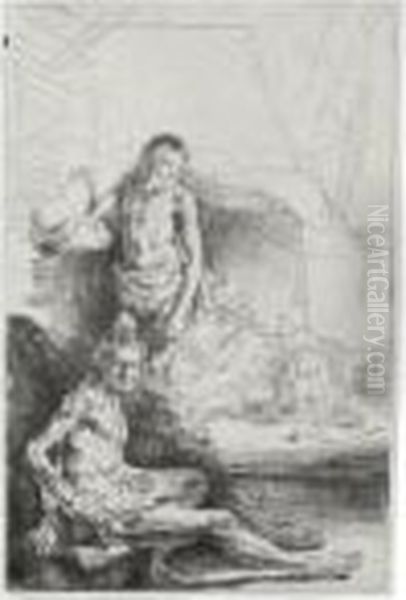 A Nude Man Seated And Another 
Standing With A Woman And A Baby Lightly Etched In The Background (b., 
Holl. 194; H. 222; Bb. 46-1) Oil Painting by Rembrandt Van Rijn