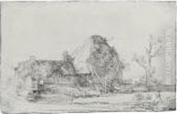 Cottages And Farm Buildings With A Man Sketching (b., Holl. 219; H. 213; Bb. 45-2) Oil Painting by Rembrandt Van Rijn