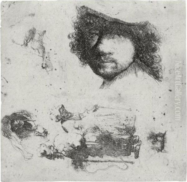 Sheet Of Studies: Head Of The 
Artist, A Beggar Couple, Heads Of An Old Man And Old Woman (b., Holl. 
363; H. 90; Bb. 32-1) Oil Painting by Rembrandt Van Rijn