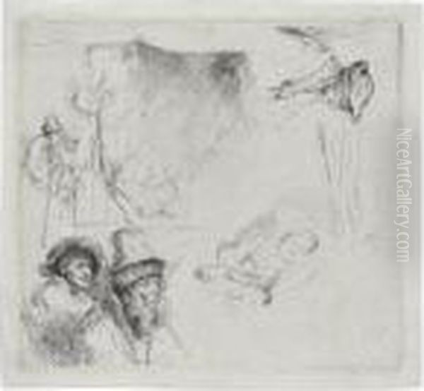 Sheet Of Studies, With A Woman Lying Ill In Bed (b., Holl. 369; H. 163; Bb. 38-2) Oil Painting by Rembrandt Van Rijn