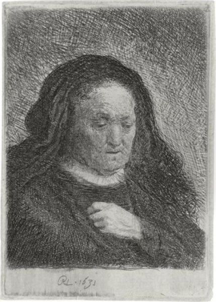 The Artist's Mother With Her Hand On Her Chest (b., Holl. 349; H. 50; Bb. 31-g) Oil Painting by Rembrandt Van Rijn