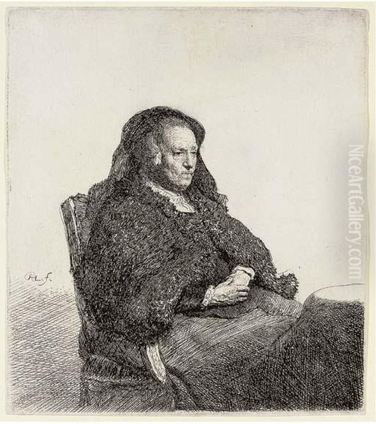 The Artist's Mother Seated At A Table Oil Painting by Rembrandt Van Rijn