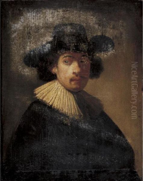 Portrait Of A Man, Half Length, Wearing A Black Hat Oil Painting by Rembrandt Van Rijn