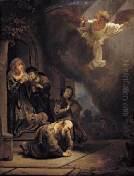 The Archangel Raphael Taking Leave Of Tobit Oil Painting by Rembrandt Van Rijn