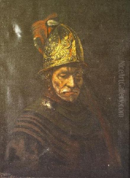 Half Length Portrait Of A Soldier In A Helmet Oil Painting by Rembrandt Van Rijn