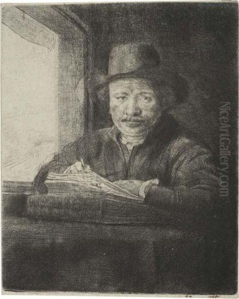 Self Portrait Drawing At A Window Oil Painting by Rembrandt Van Rijn