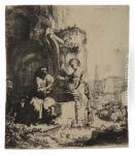 Christ And The Woman Of Samaria Among Ruins Oil Painting by Rembrandt Van Rijn