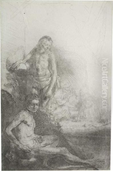 Nude Man Seated And Another Standing With A Woman And Ababy Oil Painting by Rembrandt Van Rijn