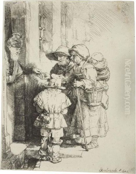 Beggars Receiving Alms At A Door Oil Painting by Rembrandt Van Rijn