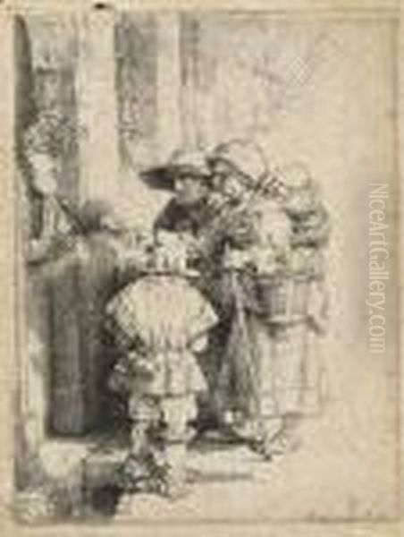 Beggars Receiving Alms At The Door Of A House Oil Painting by Rembrandt Van Rijn