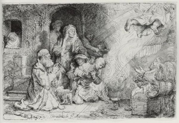 Angel Departing From The Family Of Tobias Oil Painting by Rembrandt Van Rijn