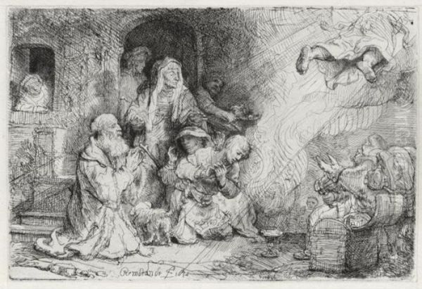 The Angel Departing From The 
Family Of Tobias (bartsch, Hollstein 43; Hind 185; Bjorklund & 
Barnard 41-g) Oil Painting by Rembrandt Van Rijn